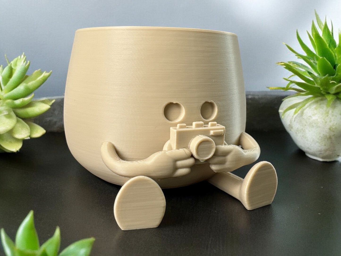 Cute Happy Face Planter - Camera Pot Gift for Photographer Lovers, Great Home & Office Decoration, Unique Floral Holder