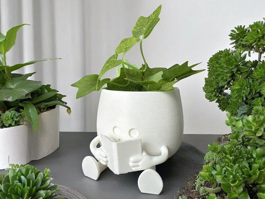 Cute Happy Face Planter, Book Pot, Gift for Book Lovers, Great Home & Office Decoration, Unique Floral Holder. One Color