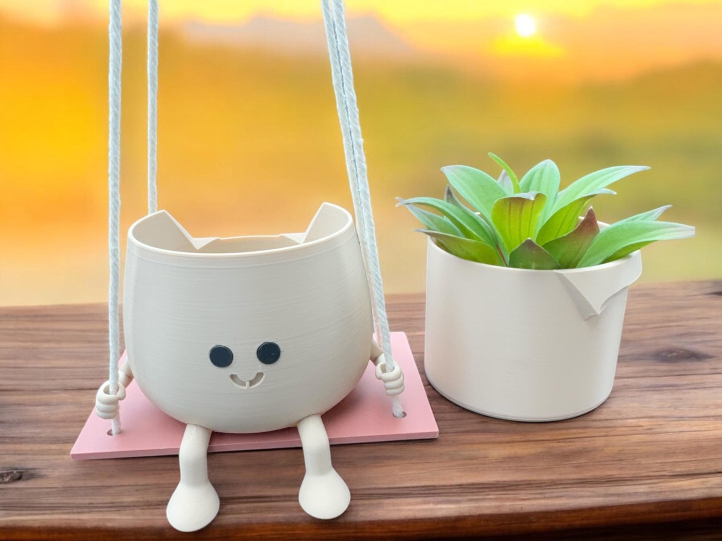 Cute Happy Face Planter, Pot on a Swing, Unique Floral Holder for Home and Office Decor, Gift for Plant Lovers