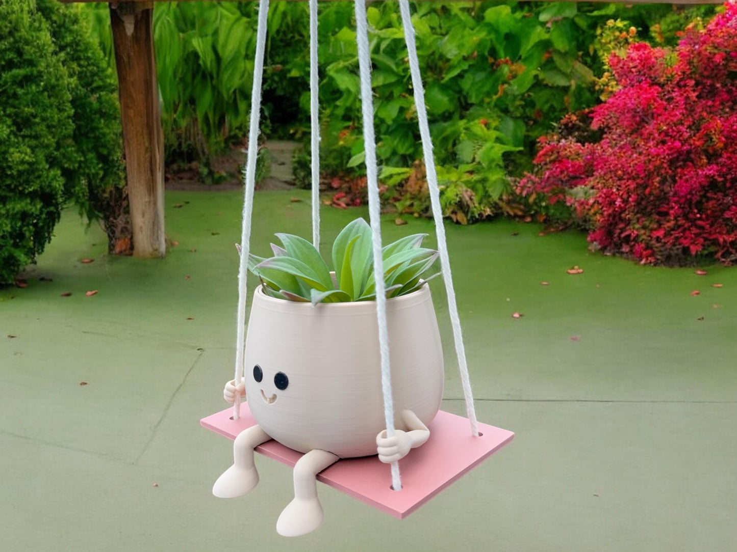 Cute Happy Face Planter, Pot on a Swing, Unique Floral Holder for Home and Office Decor, Gift for Plant Lovers