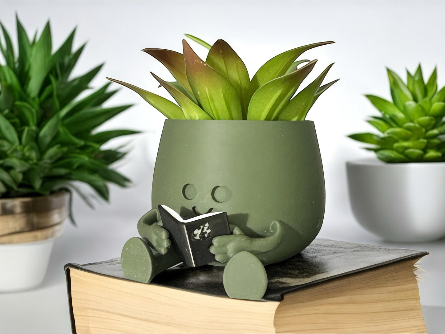 Cute Happy Face Planter, Book Pot, Gift for Book Lovers, Great Home & Office Decoration, Unique Floral Holder